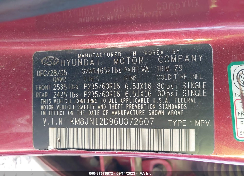 2006 HYUNDAI TUCSON LIMITED/GLS VIN: KM8JN12D96U372607