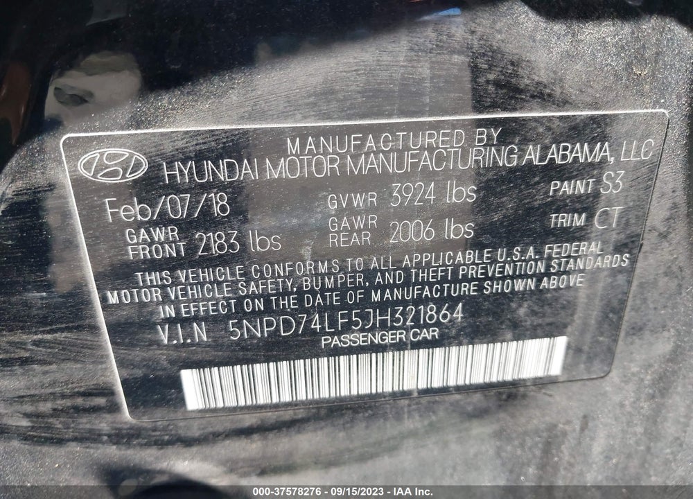 2018 HYUNDAI ELANTRA VIN: 5NPD74LF5JH321864