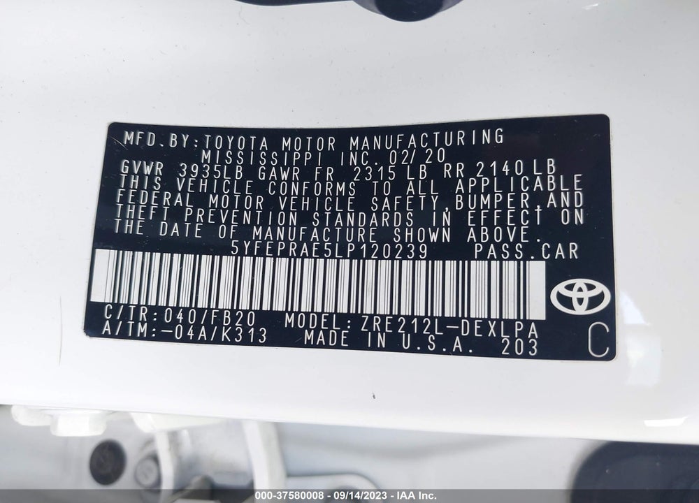 2020 TOYOTA COROLLA LE VIN: 5YFEPRAE5LP120239