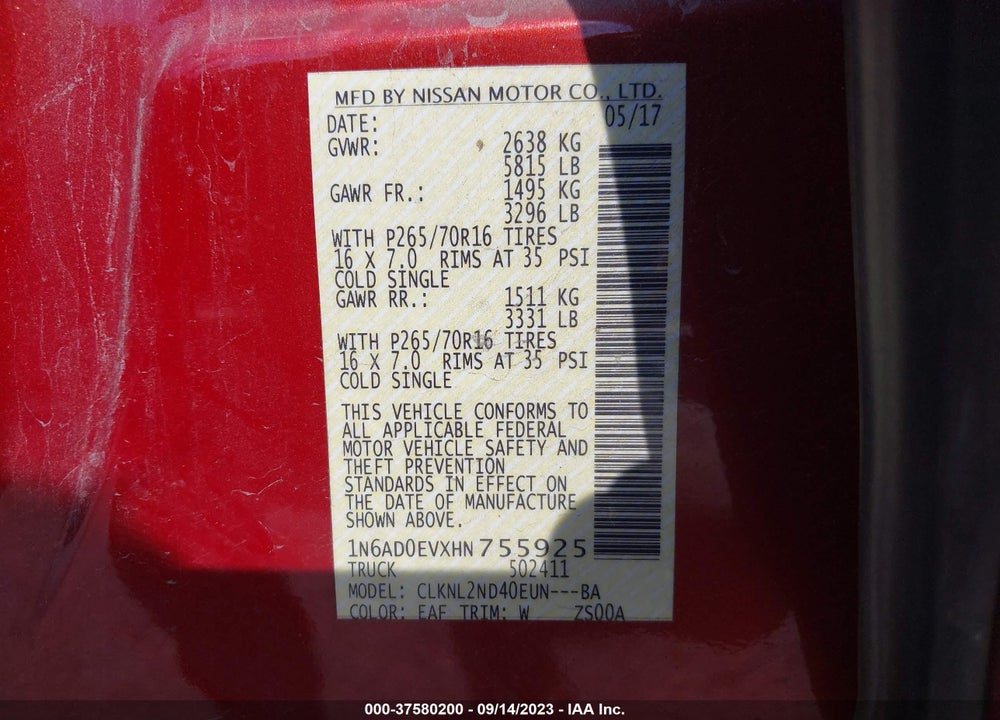 2017 NISSAN FRONTIER SV VIN: 1N6AD0EVXHN755925