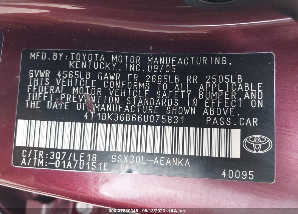 2006 TOYOTA AVALON VIN: 4T1BK36B66U075831