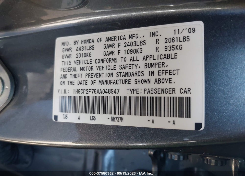 2010 HONDA ACCORD 2.4 EX VIN: 1HGCP2F76AA048947