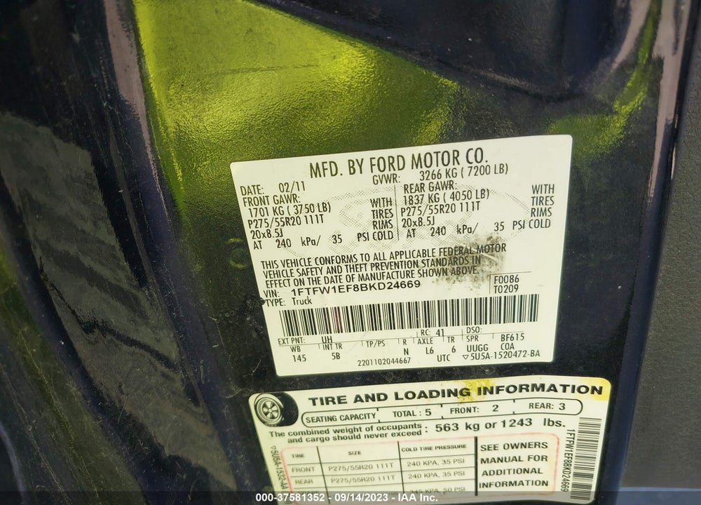 2011 FORD F-150 FX4 VIN: 1FTFW1EF8BKD24669