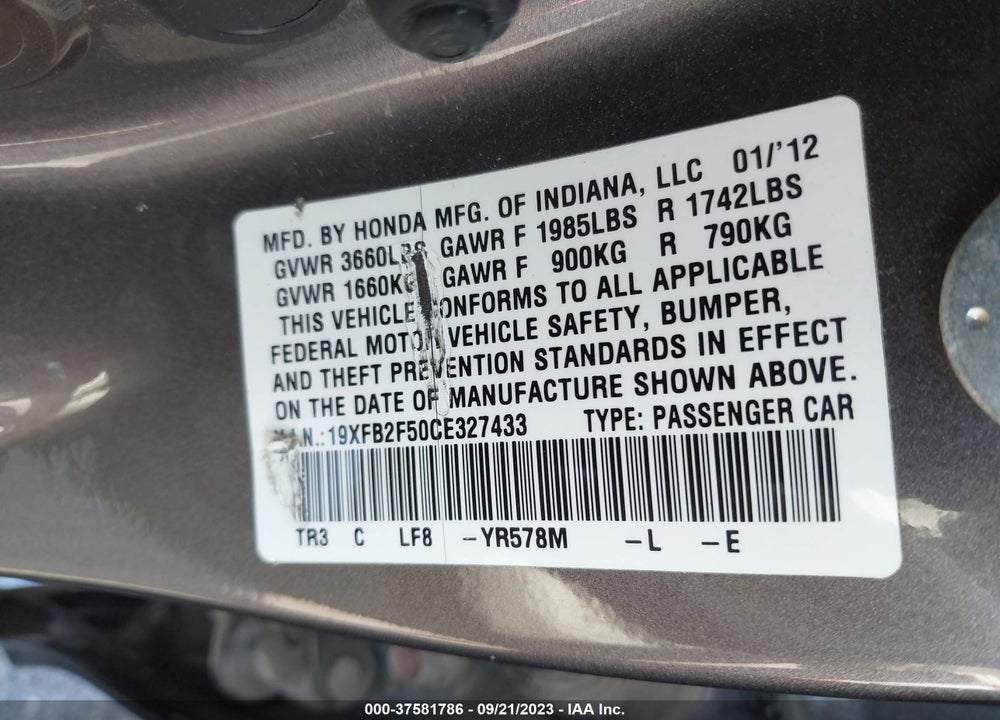 2012 HONDA CIVIC LX VIN: 19XFB2F50CE327433