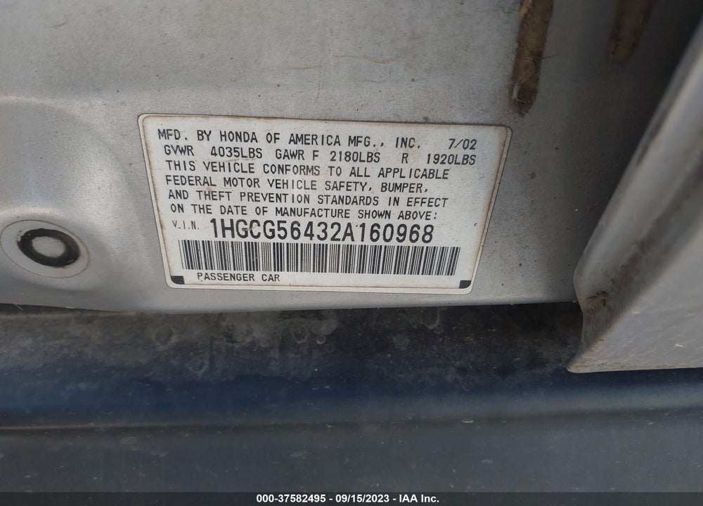 2002 HONDA ACCORD SDN LX VIN: 1HGCG56432A160968