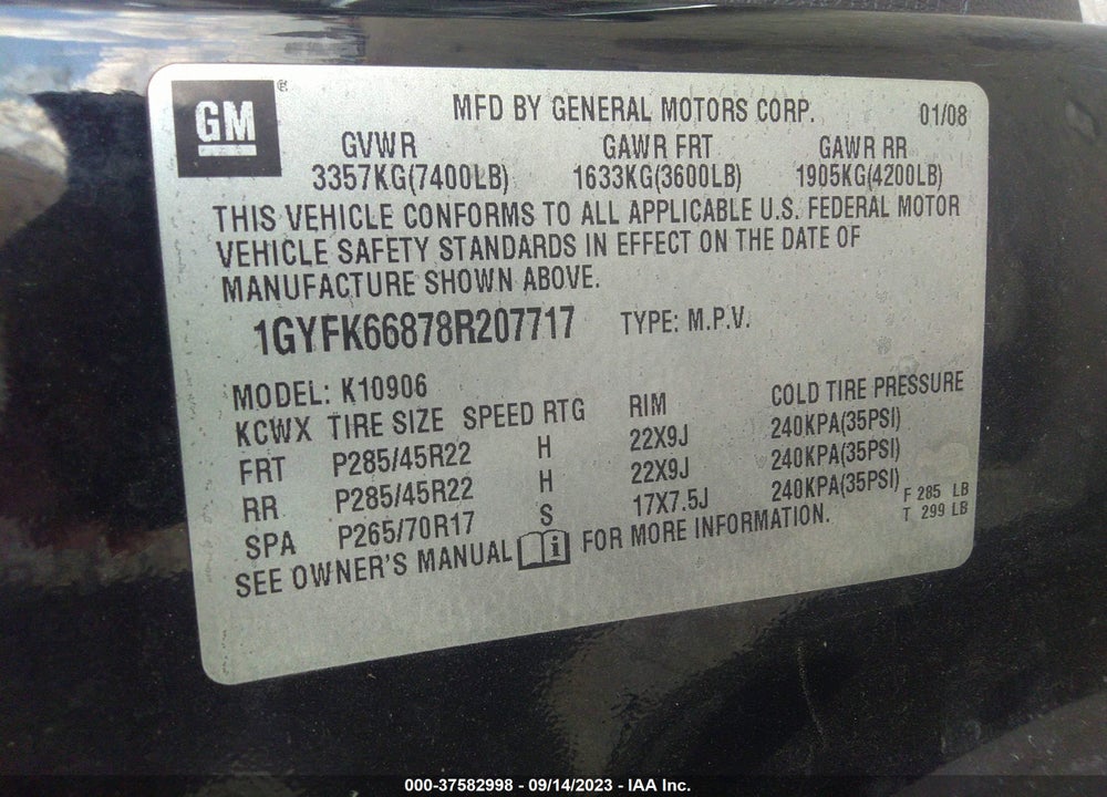 2008 CADILLAC ESCALADE ESV STANDARD VIN: 1GYFK66878R207717