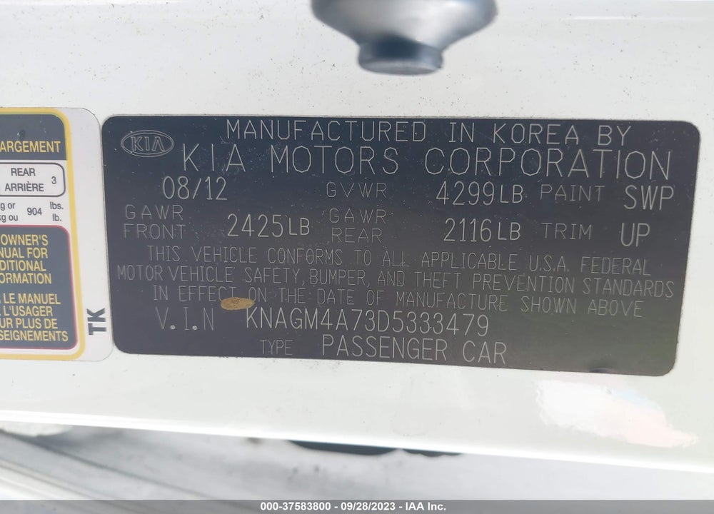 2013 KIA OPTIMA LX VIN: KNAGM4A73D5333479