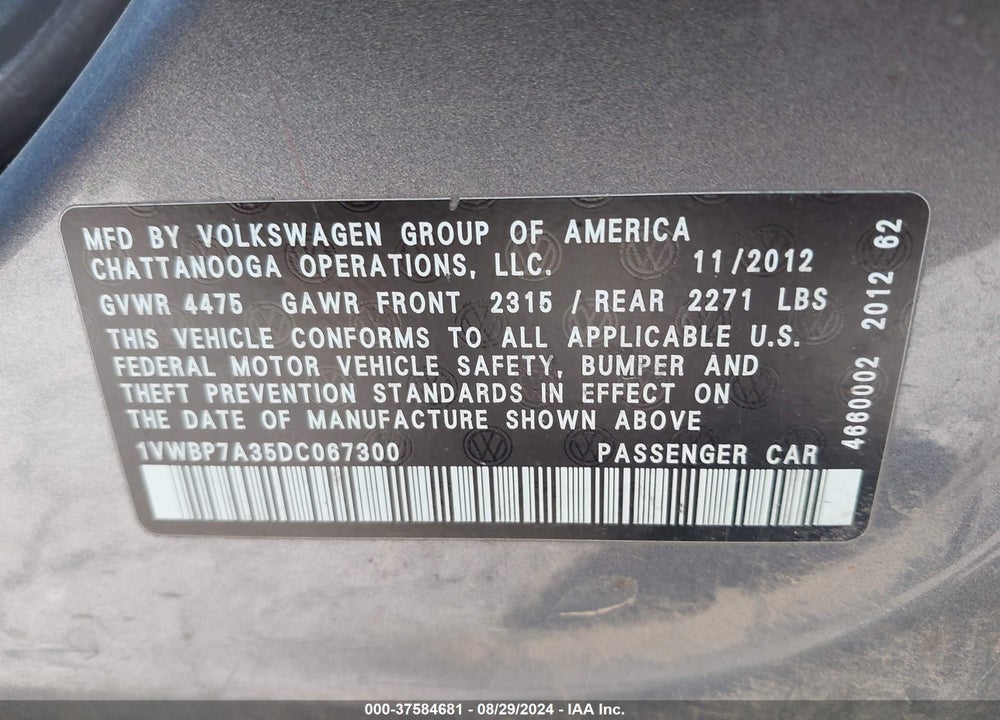 2013 VOLKSWAGEN PASSAT 2.5L SE VIN: 1VWBP7A35DC067300