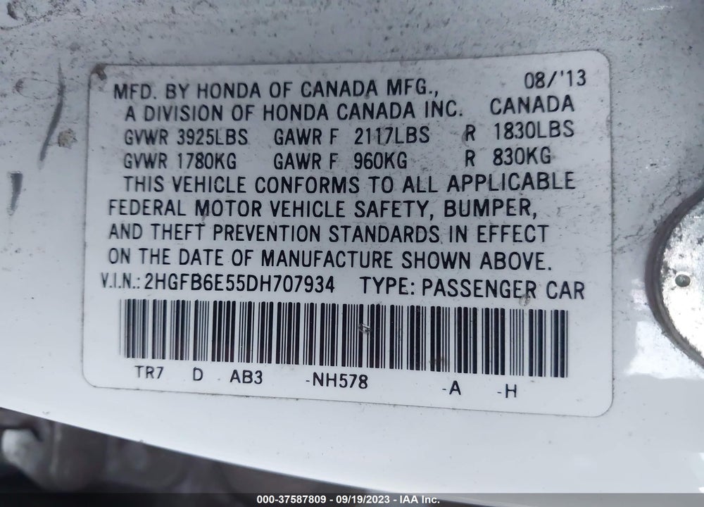 2013 HONDA CIVIC SI VIN: 2HGFB6E55DH707934