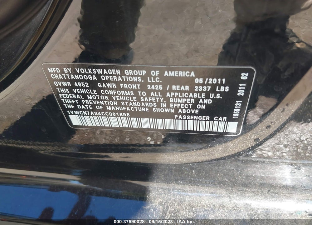 2012 VOLKSWAGEN PASSAT 2.0L TDI SEL PREMIUM VIN: 1VWCN7A34CC001698