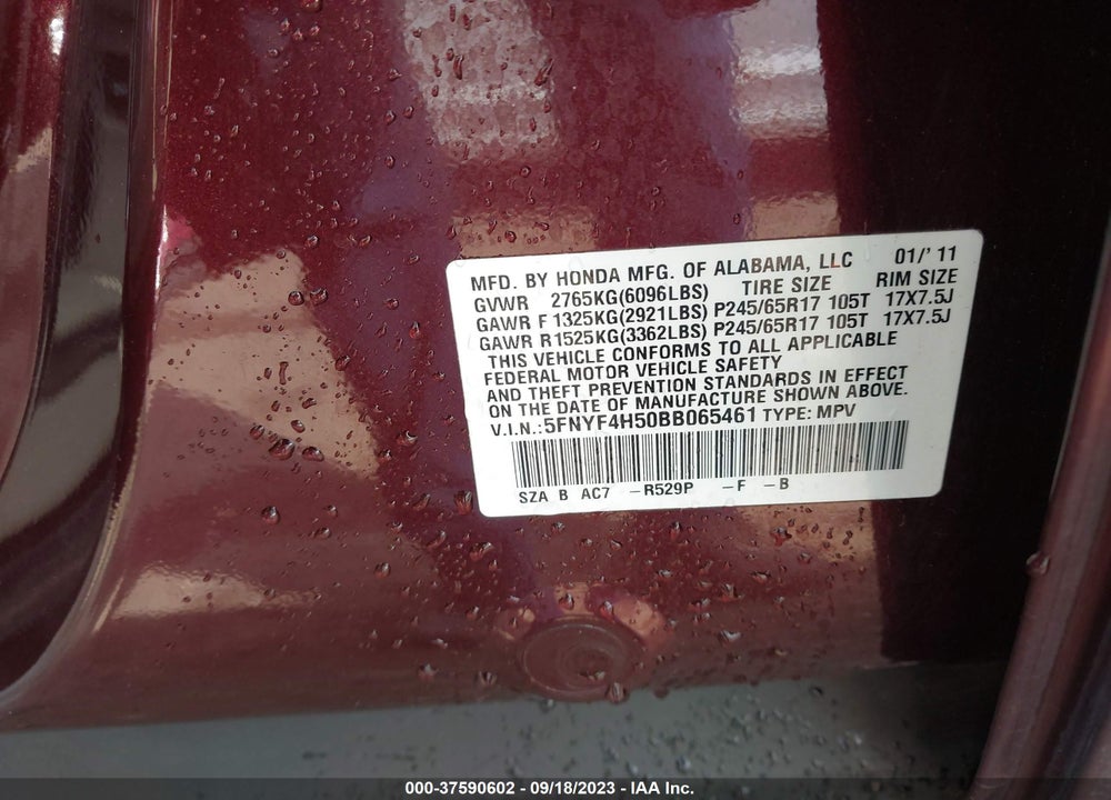 2011 HONDA PILOT EX-L VIN: 5FNYF4H50BB065461