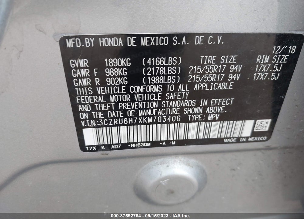 2019 HONDA HR-V EX-L VIN: 3CZRU6H7XKM703406