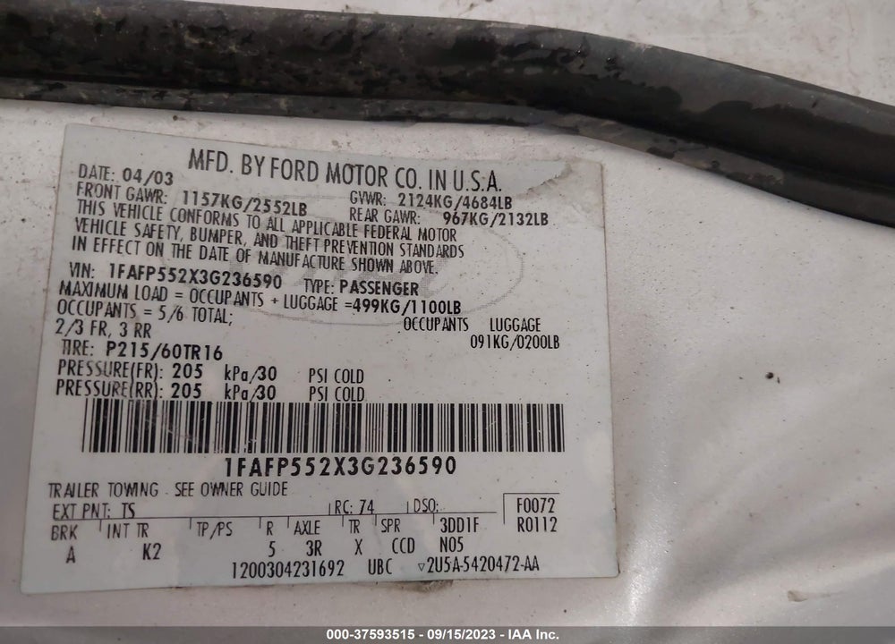 2003 FORD TAURUS SES VIN: 1FAFP552X3G236590