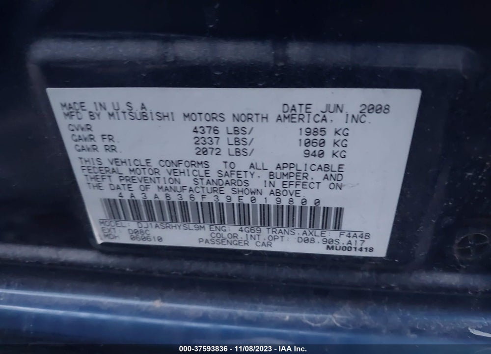 2009 MITSUBISHI GALANT VIN: 4A3AB36F39E019800