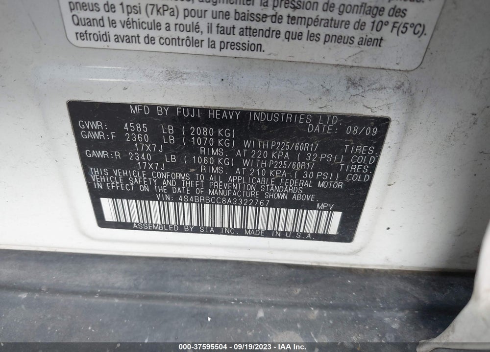 2010 SUBARU OUTBACK 2.5I PREMIUM VIN: 4S4BRBCC8A3322767
