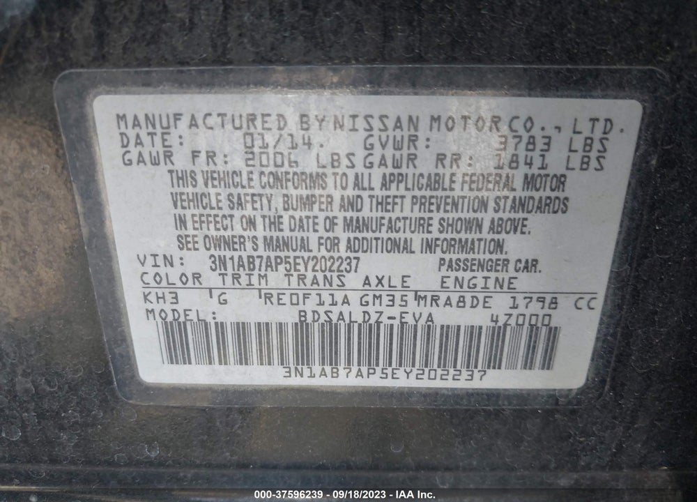 2014 NISSAN SENTRA FE+ S/FE+ SV/S/SV/SR/SL VIN: 3N1AB7AP5EY202237