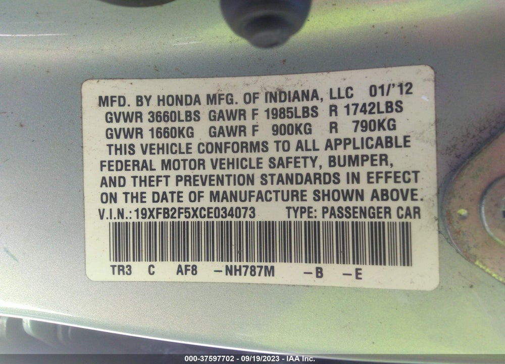 2012 HONDA CIVIC LX VIN: 19XFB2F5XCE034073