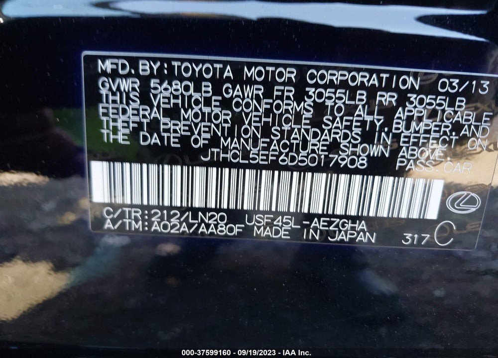 2013 LEXUS LS 460 VIN: JTHCL5EF6D5017908