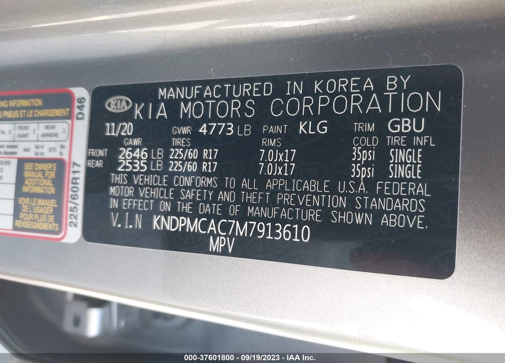 2021 KIA SPORTAGE VIN: KNDPMCAC7M7913610