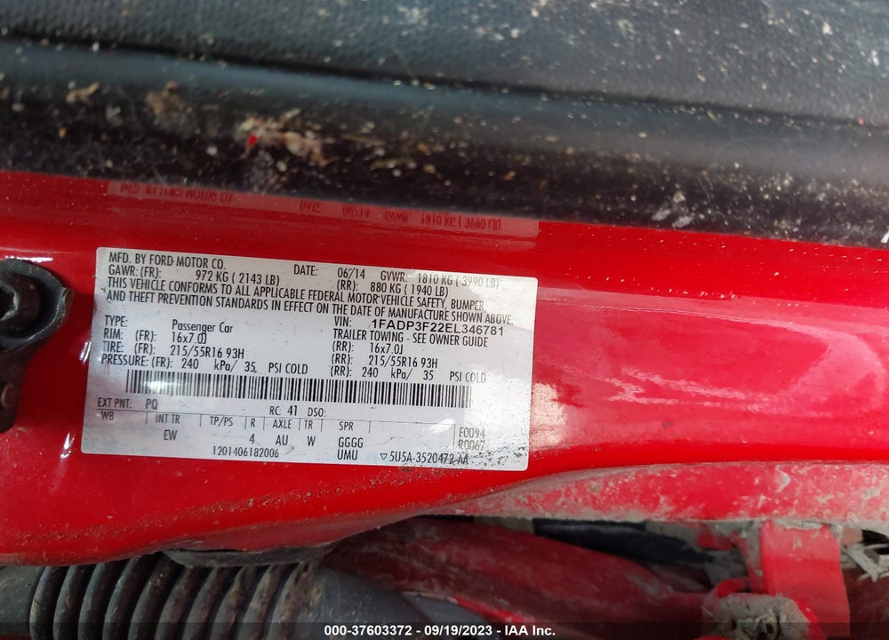 2014 FORD FOCUS SE VIN: 1FADP3F22EL346781