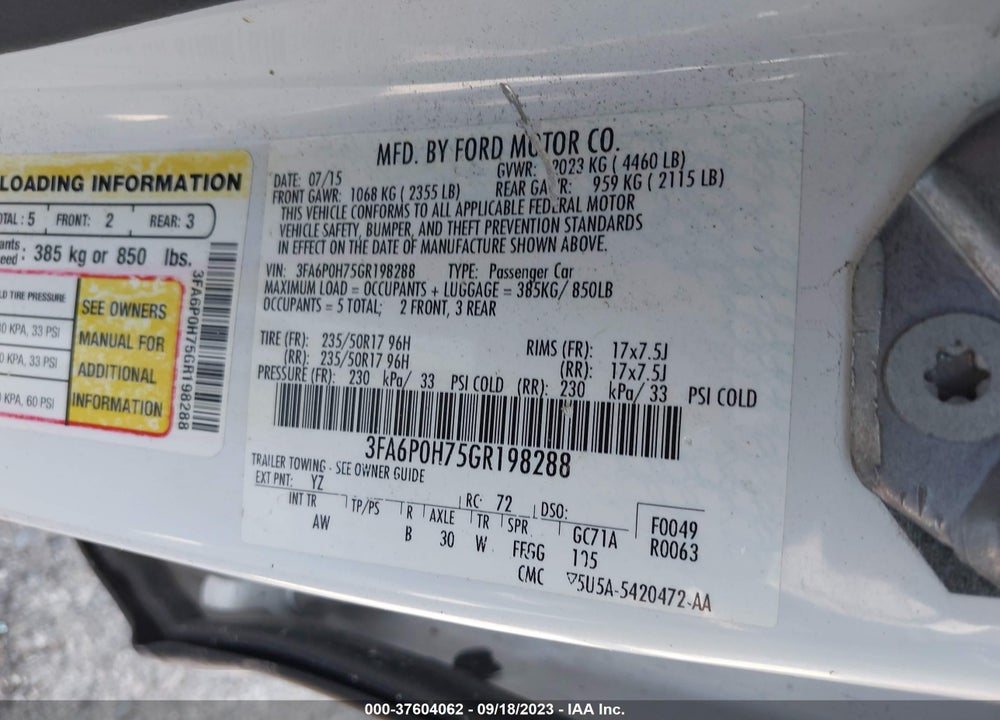 2016 FORD FUSION SE VIN: 3FA6P0H75GR198288