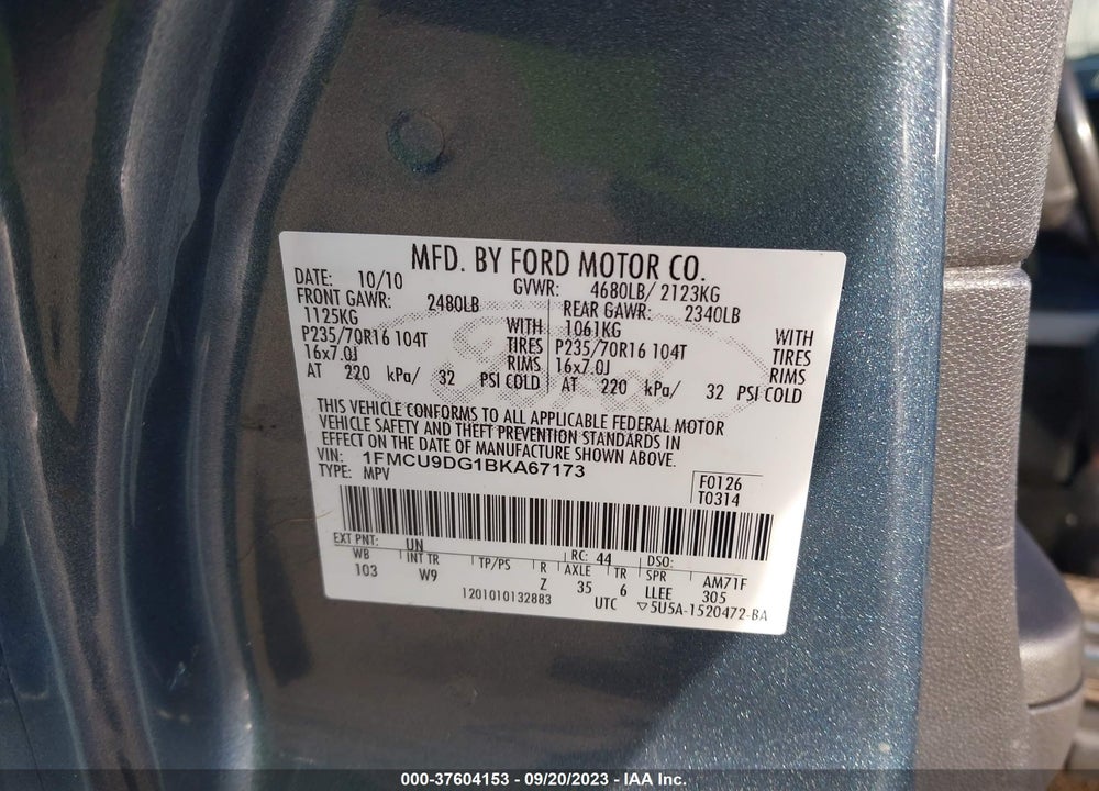 2011 FORD ESCAPE XLT VIN: 1FMCU9DG1BKA67173