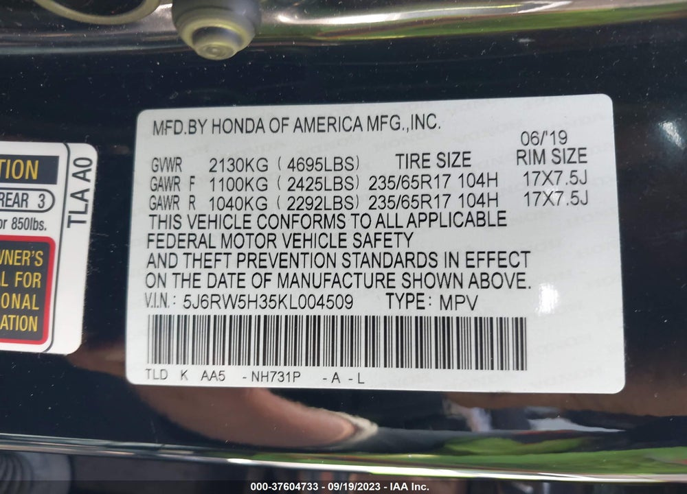 2019 HONDA CR-V LX VIN: 5J6RW5H35KL004509