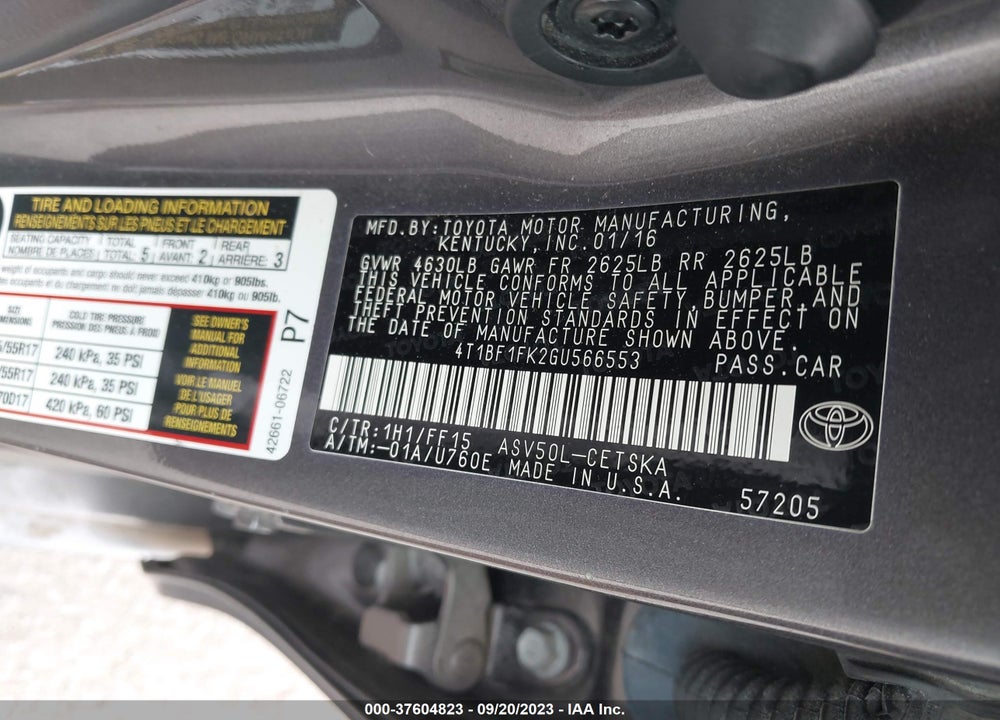 2016 TOYOTA CAMRY SE VIN: 4T1BF1FK2GU566553