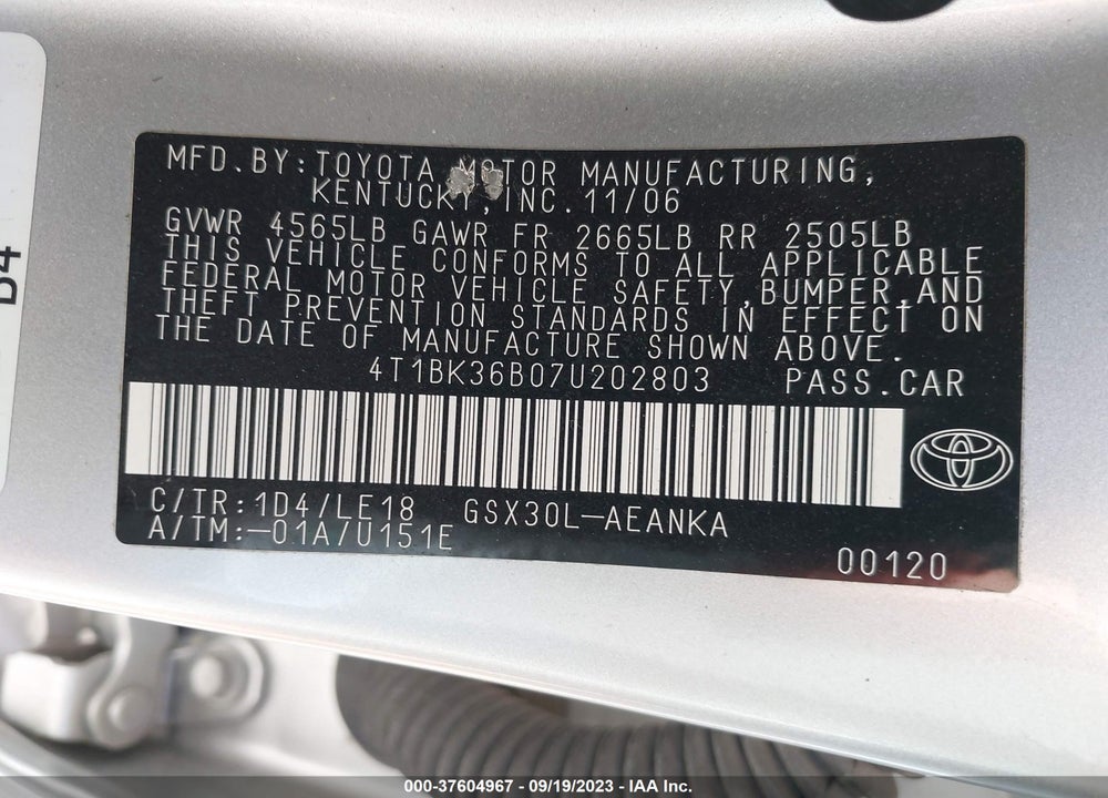 2007 TOYOTA AVALON TOURING VIN: 4T1BK36B07U202803