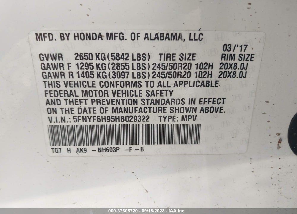 2017 HONDA PILOT TOURING VIN: 5FNYF6H95HB029322