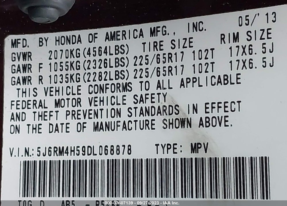 2013 HONDA CR-V EX VIN: 5J6RM4H59DL068878