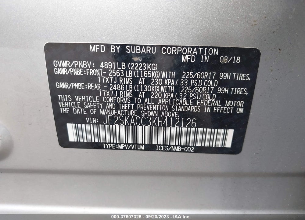 2019 SUBARU FORESTER VIN: JF2SKACC3KH412126