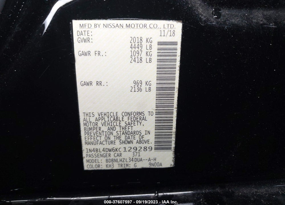 2019 NISSAN ALTIMA 2.5 SV VIN: 1N4BL4DW6KC129289