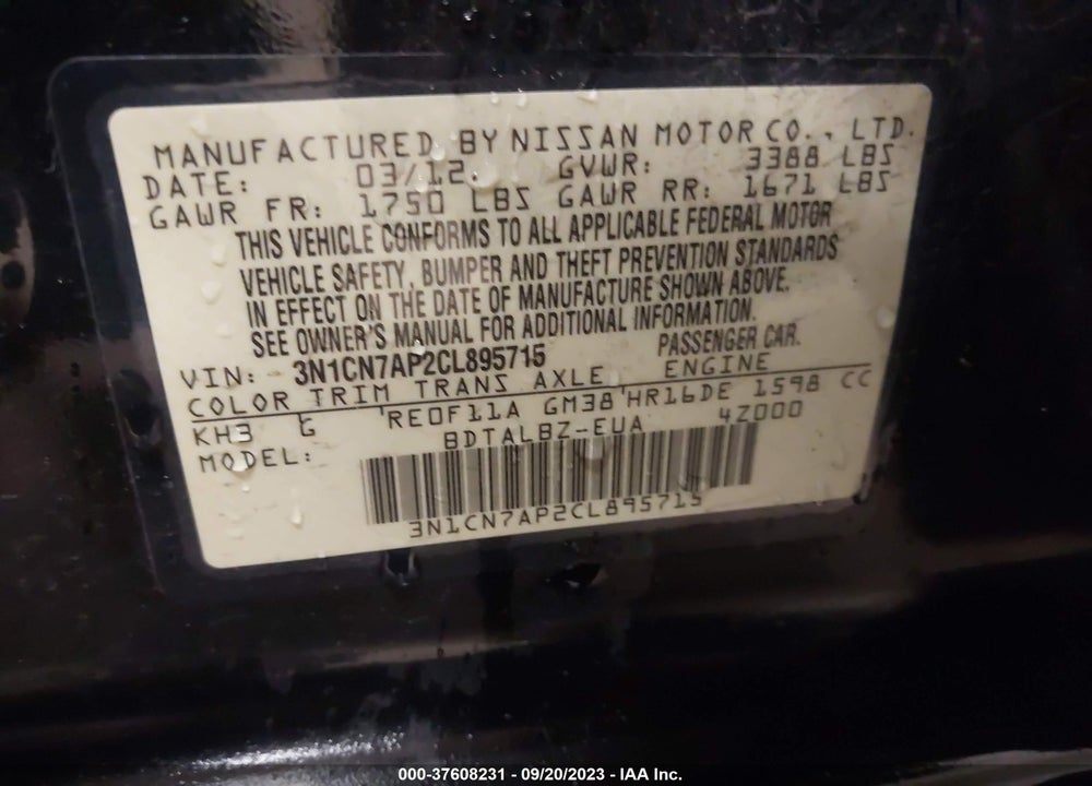 2012 NISSAN VERSA 1.6 SV VIN: 3N1CN7AP2CL895715