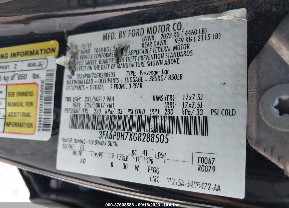 2016 FORD FUSION VIN: 3FA6P0H7XGR288505