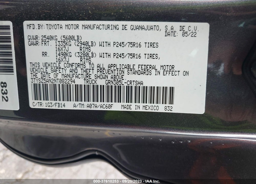 2022 TOYOTA TACOMA SR V6 VIN: 3TYSZ5AN2NT082294