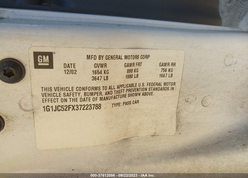 2003 CHEVROLET CAVALIER VIN: 1G1JC52FX37223788