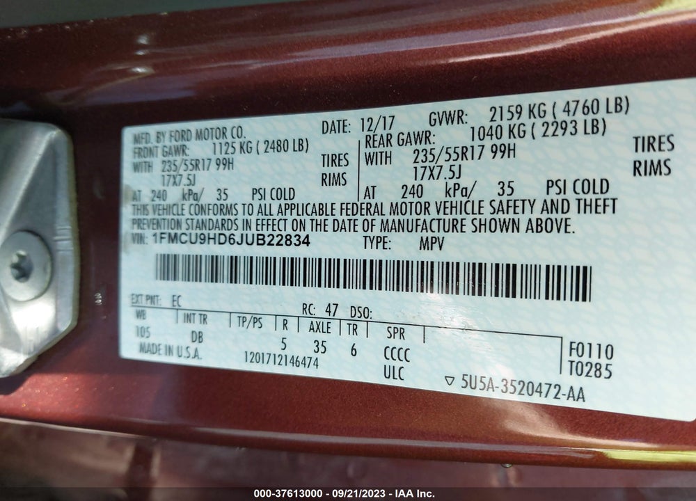 2018 FORD ESCAPE SEL VIN: 1FMCU9HD6JUB22834