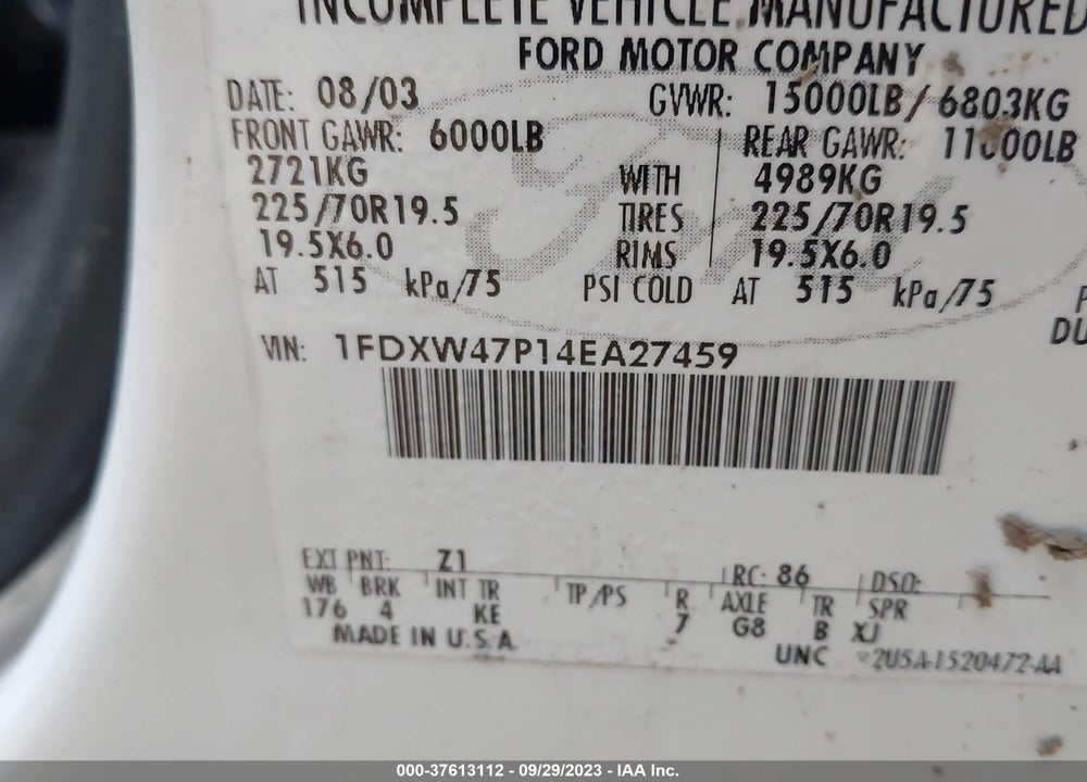 2004 FORD F-450 CHASSIS LARIAT/XLT/XL VIN: 1FDXW47P14EA27459