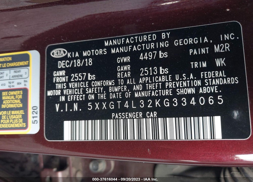 2019 KIA OPTIMA LX VIN: 5XXGT4L32KG334065