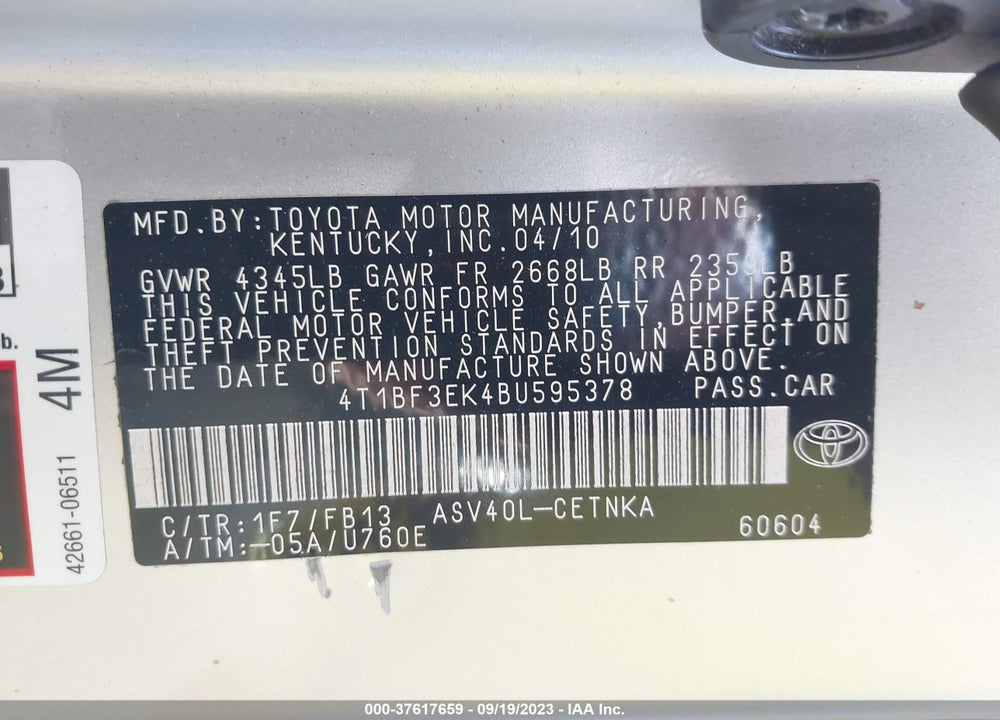 2011 TOYOTA CAMRY LE VIN: 4T1BF3EK4BU595378