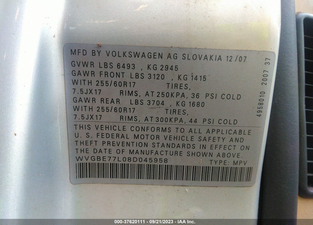 2008 VOLKSWAGEN TOUAREG 2 VR6 FSI VIN: WVGBE77L08D045958