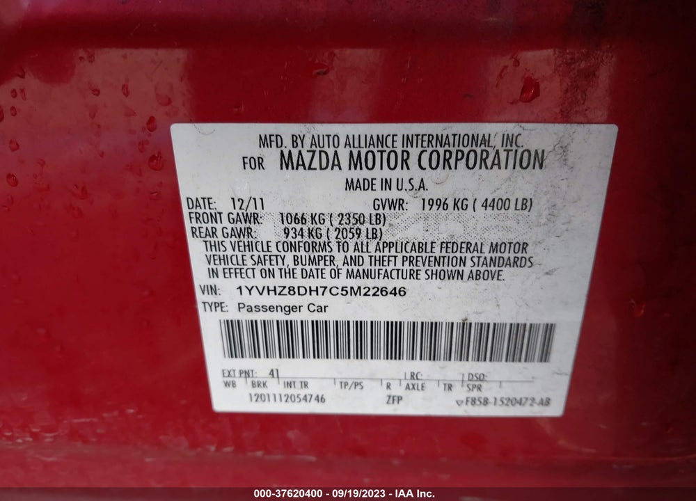 2012 MAZDA 6 VIN: 1YVHZ8DH7C5M22646