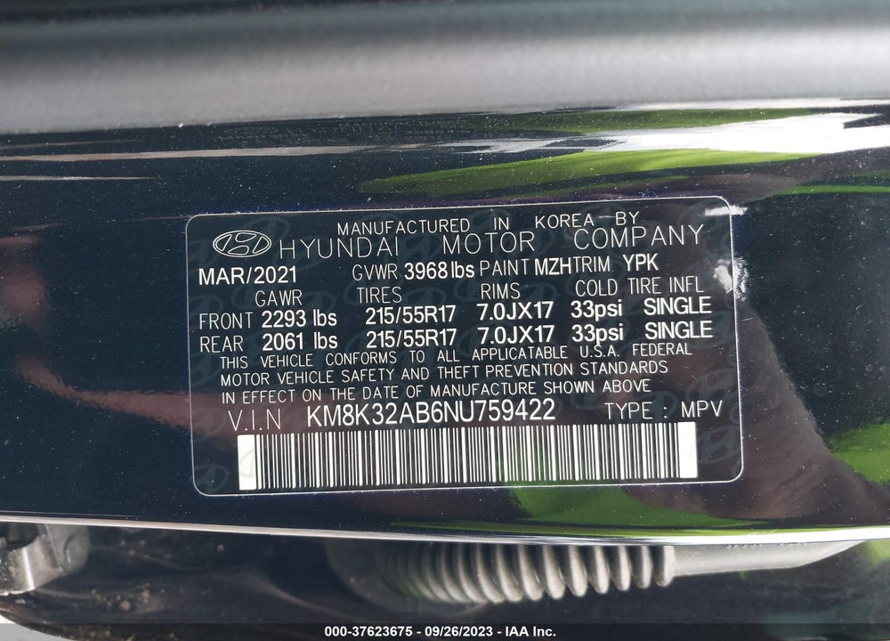2022 HYUNDAI KONA SEL VIN: KM8K32AB6NU759422