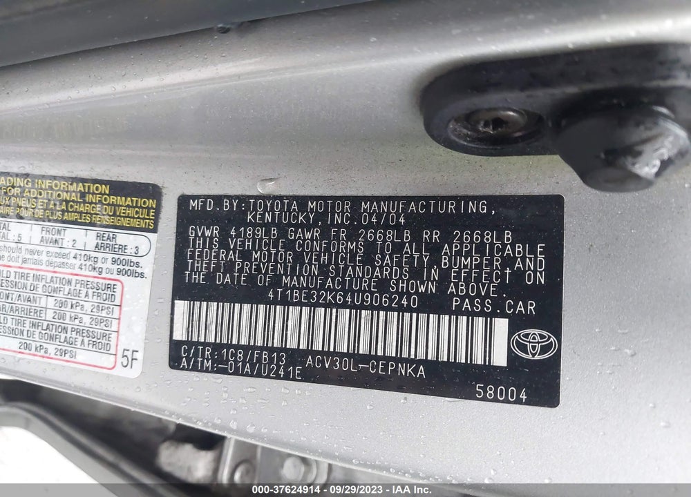 2004 TOYOTA CAMRY VIN: 4T1BE32K64U906240
