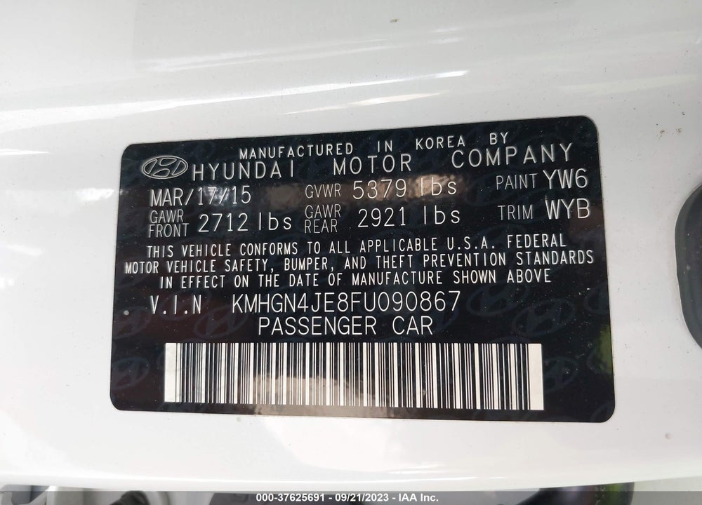 2015 HYUNDAI GENESIS 3.8 VIN: KMHGN4JE8FU090867