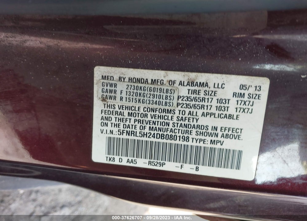 2013 HONDA ODYSSEY LX VIN: 5FNRL5H24DB080198