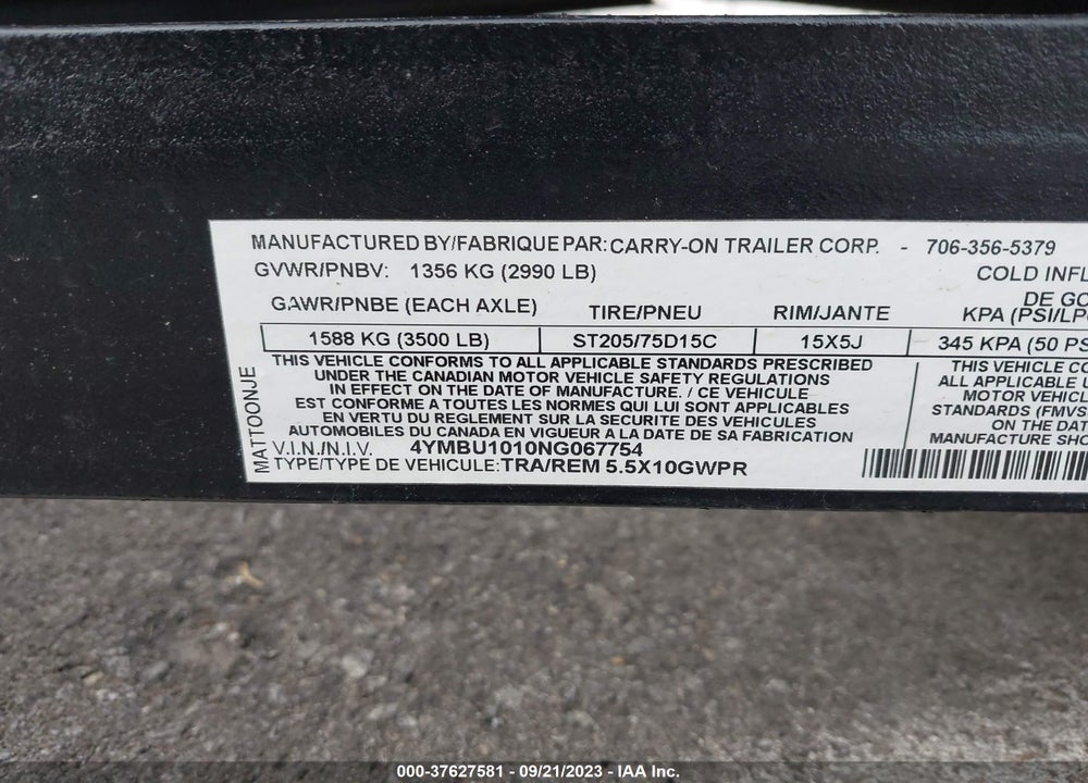 2022 UTIL TRAILER VIN: 4YMBU1010NG067754