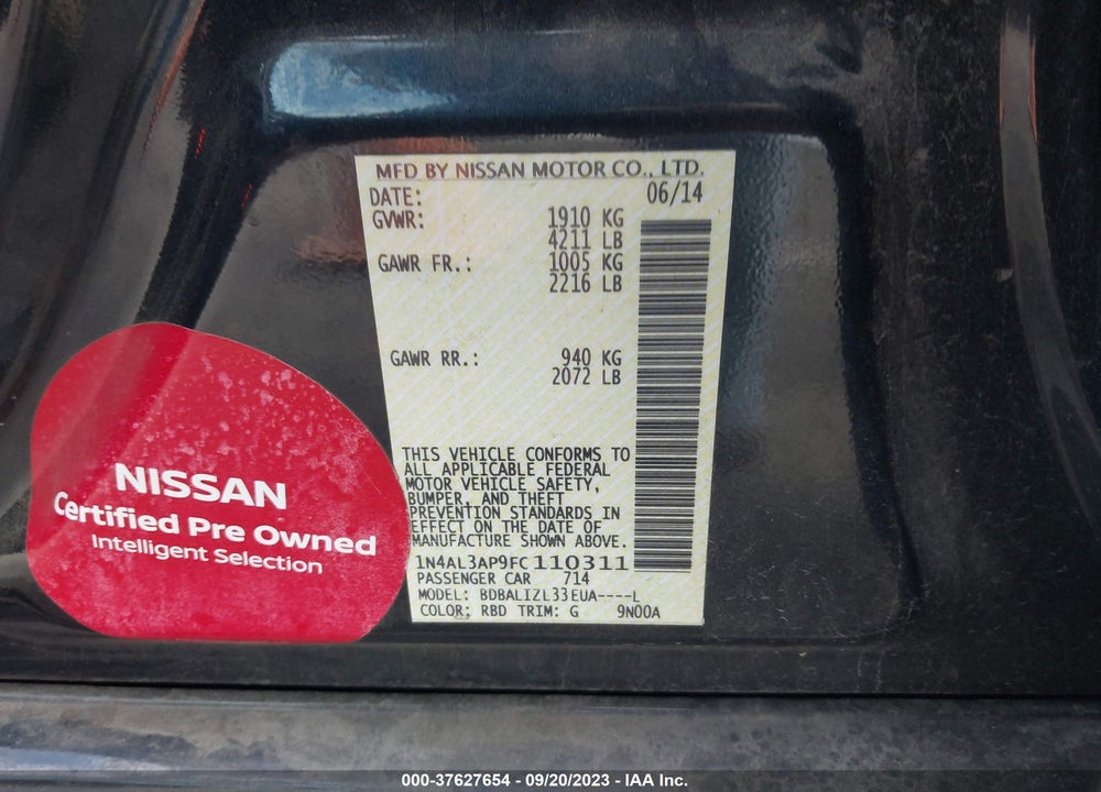 2015 NISSAN ALTIMA 2.5 SV VIN: 1N4AL3AP9FC110311