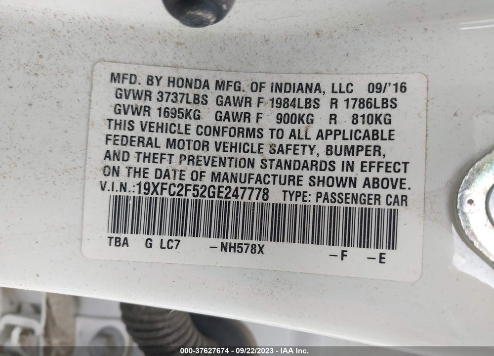 2016 HONDA CIVIC LX VIN: 19XFC2F52GE247778